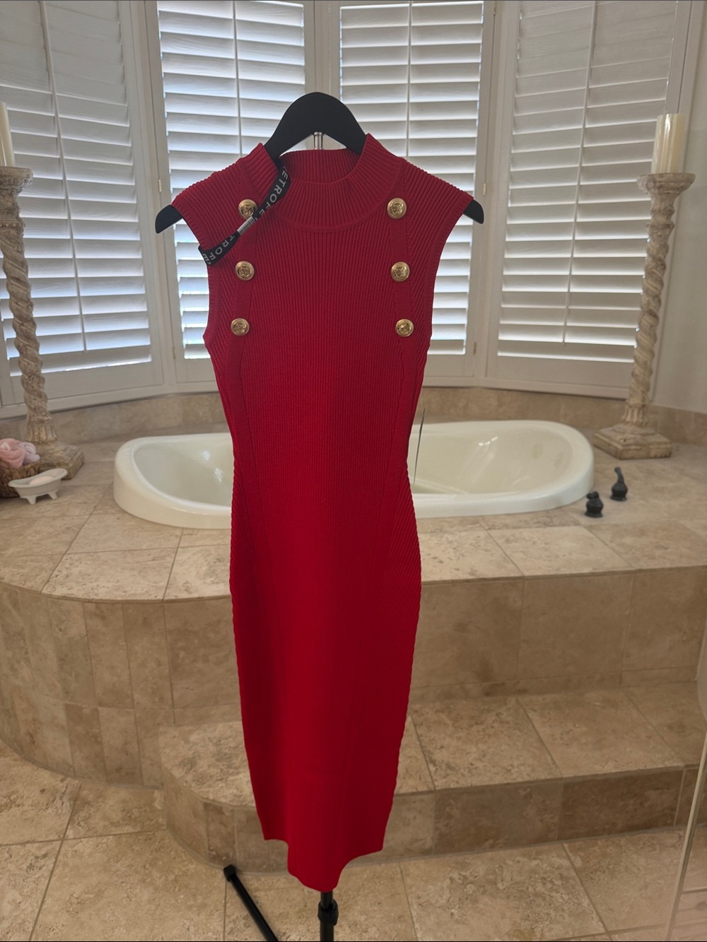 Retrofete Red Sleeveless Midi Dress with Gold Buttons
